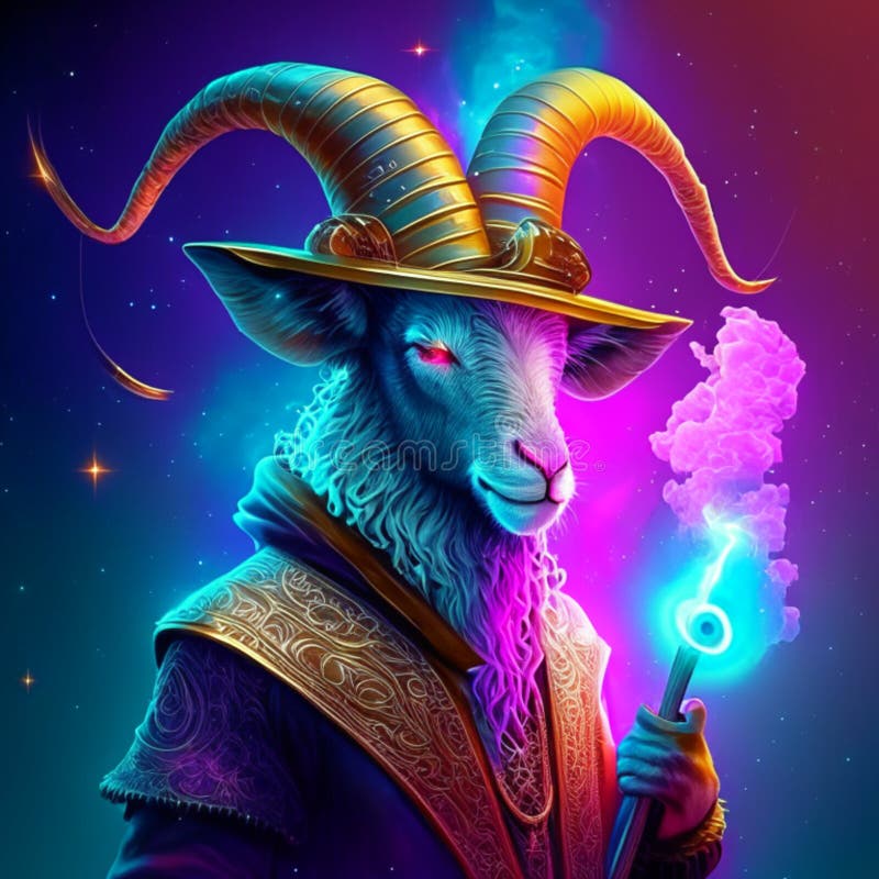 Illustration of a ram with a magic wand in his hand. Generative AI  Generative AI design for Instagram, Facebook wall painting