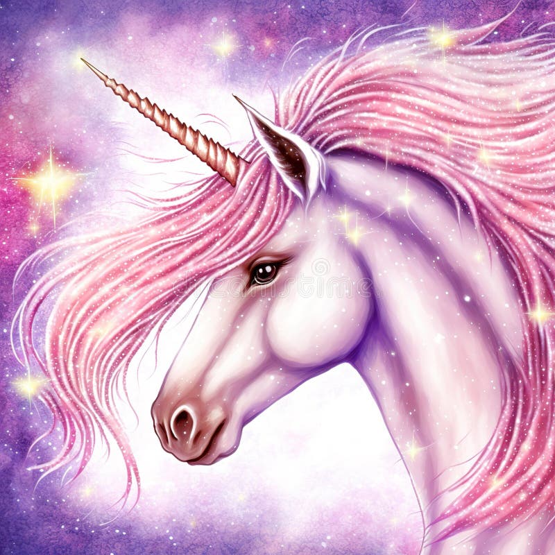 Illustration of ravishing pink unicorn with magical sparkle.