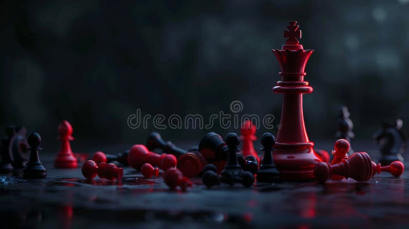 An illustration of a red king of chess standing on a falling chess piece, on top of a black background, a realistic royalty free stock photography