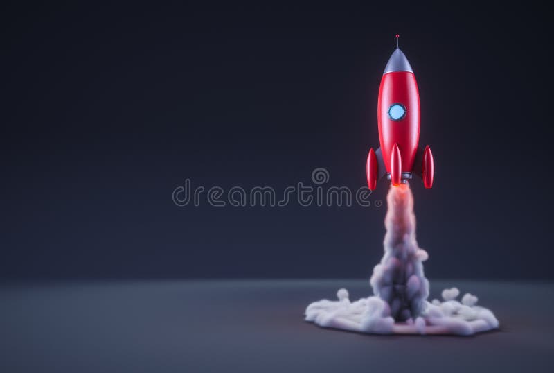 Red rocket take-off in a dark background vector illustration