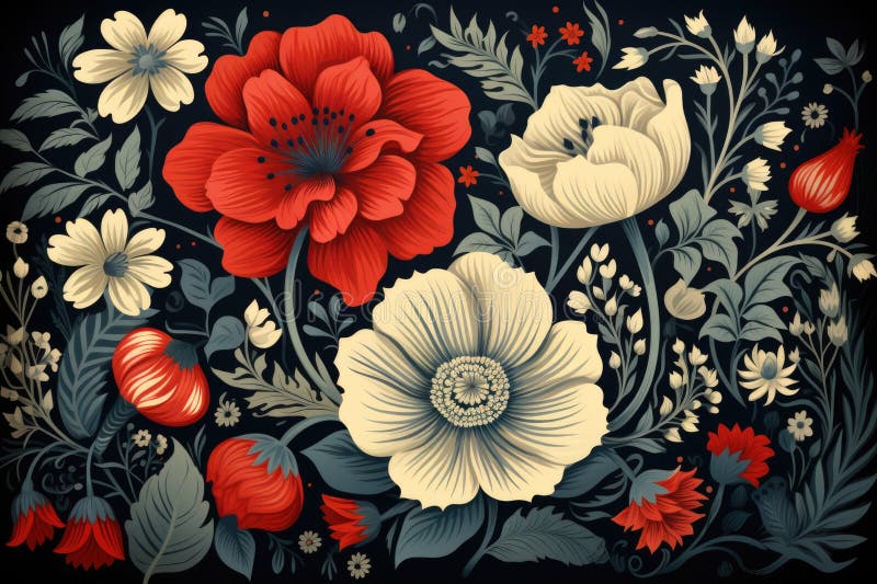 Illustration of Red and White Flowers on Black Background, AI Stock Image Image of nature