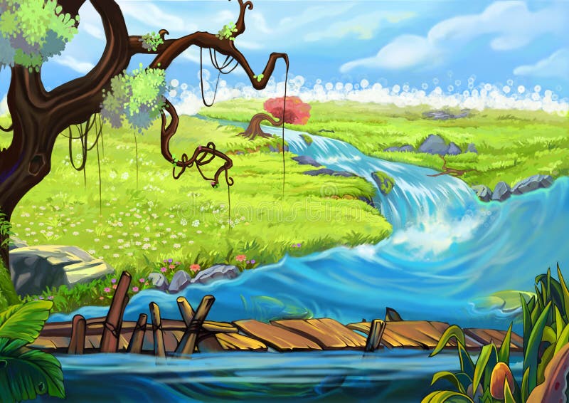 Illustration: The Riverside. Tree, Flowery Fields, and Bridge.
