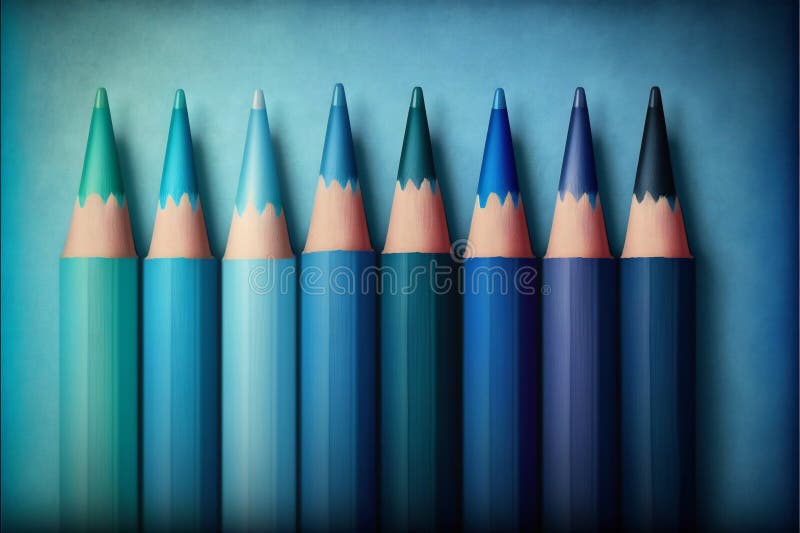 A Row of Different Blue Crayons on Blue Background, Abstract, Colors
