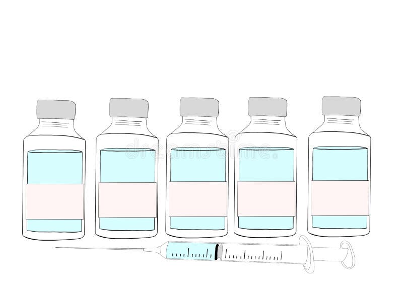 Illustration, Row of Medication Vials with Blank Labels, Syringe in