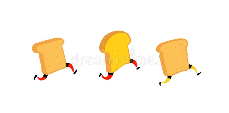 Illustration of running toasters. Running pieces of bread without butter and jam. Vector. Fry characters with legs. Icons for the vector illustration Illustration of running toasters. Running pieces of bread without butter and jam. Vector. Fry characters with legs. Icons for the vector illustration