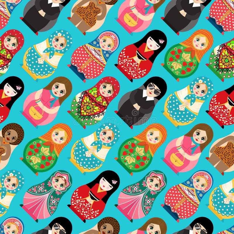 Traditional russian matryoshka nesting doll toy set with handmade ornament figure pattern child face and babushka woman souvenir vector illustration. Bright family gift seamless pattern background. Traditional russian matryoshka nesting doll toy set with handmade ornament figure pattern child face and babushka woman souvenir vector illustration. Bright family gift seamless pattern background