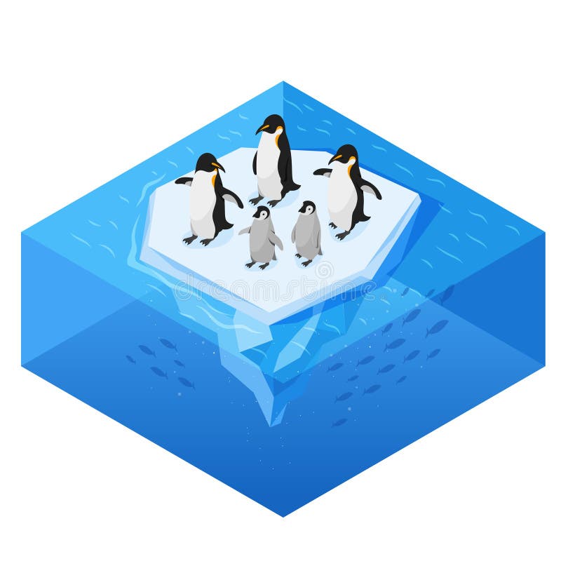 Illustration réaliste de style du vecteur 3d isométrique des pingouins sur le glacier illustration libre de droits Illustration réaliste de style du vecteur 3d isométrique des pingouins sur le glacier illustration libre de droits