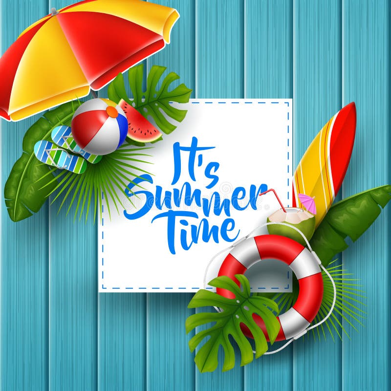 Summer time vector banner background. It's summer time text in beach island  sand with tropical season elements like palm tree, sunglasses and lifebuoy  Stock Vector Image & Art - Alamy