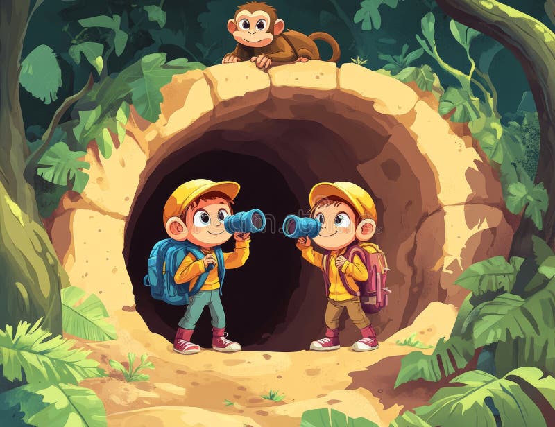 Illustration of safari children in the forest in cartoon form royalty free illustration