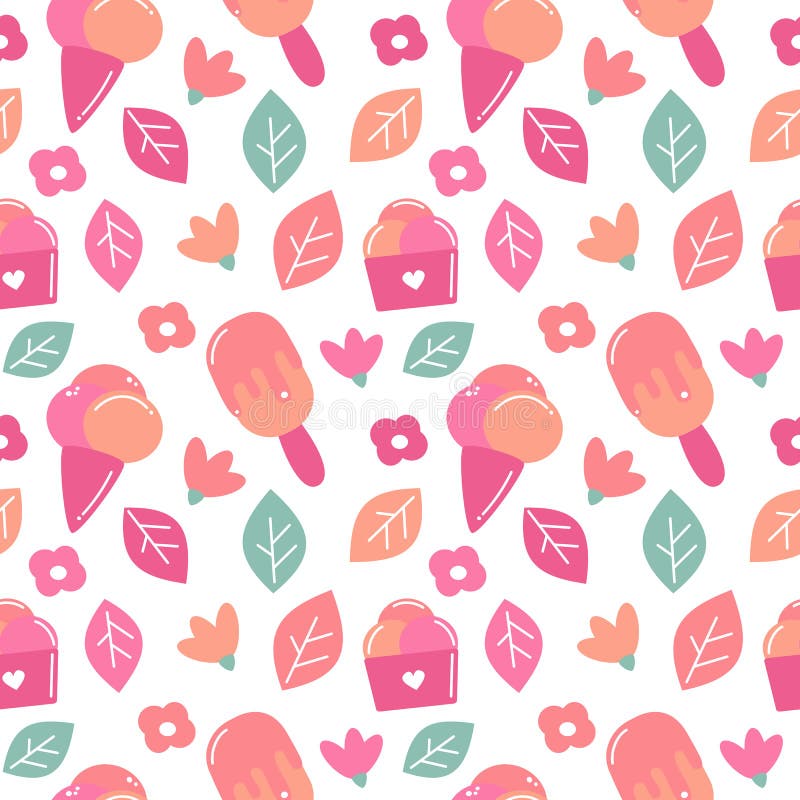 Illustration sans couture de fond de modèle de vecteur d'été coloré mignon avec la crème glacée, les feuilles et les fleurs illustration de vecteur Illustration sans couture de fond de modèle de vecteur d'été coloré mignon avec la crème glacée, les feuilles et les fleurs illustration de vecteur