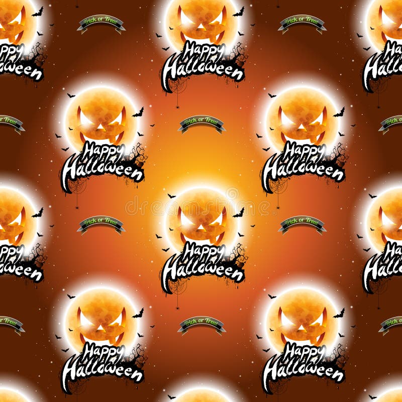 Illustration sans couture heureuse de modèle de Halloween avec les visages effrayants de lune sur le fond orange-foncé