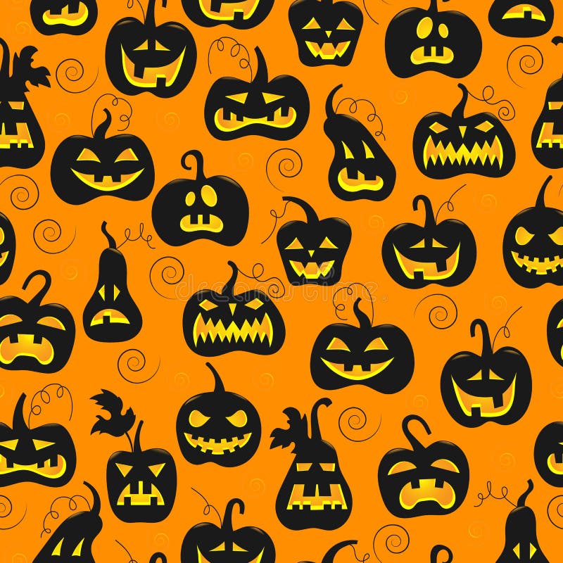 Illustration sans couture sur le thème de Halloween, potiron foncé de différentes formes sur le fond orange illustration stock Illustration sans couture sur le thème de Halloween, potiron foncé de différentes formes sur le fond orange illustration stock