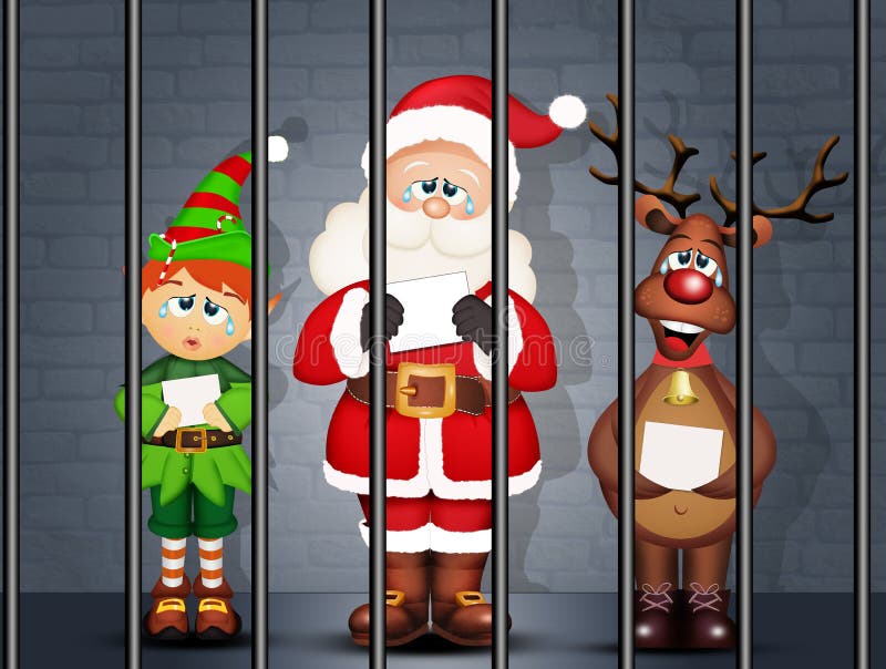 Santa Claus, Elf and Reindeer in Prison Stock Illustration