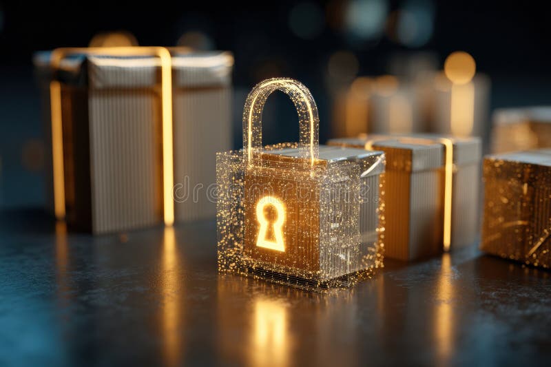 Secure Online Payment Concept Featuring Glowing Lock and Package Icons With Digital Protection in a Modern Space royalty free stock image