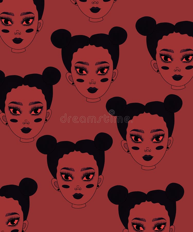 Illustration seltsame dunkle Collage. viele identische weibliche Kopf ein Portrait eines ungewöhnlichen Mädchens mit kreativer Fri stock abbildung