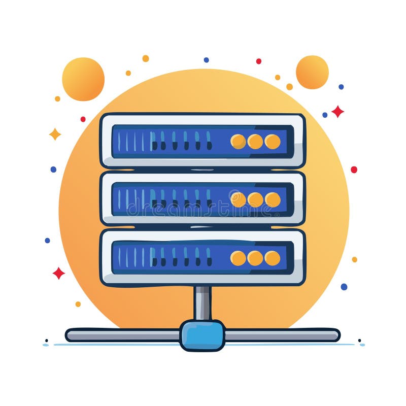 Illustration of a Server Rack with Data Storage and Network Equipment stock illustration