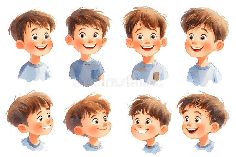 Happy Boy Cartoon Character Illustration Set Kid Face Expressions stock illustration.