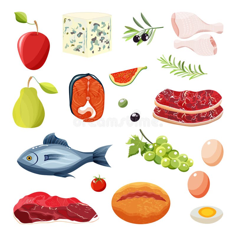 Illustration of a Set of daily Food Products.Meat, Fish, Cheese, Fruits ...