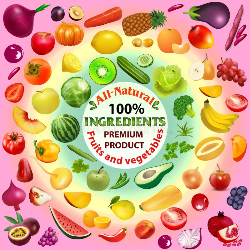 set of fruits vegetables and berries of different colors with the inscription natural ingredients premium quality vector illustration set of fruits vegetables and berries of different colors with the inscription natural ingredients premium quality vector illustration
