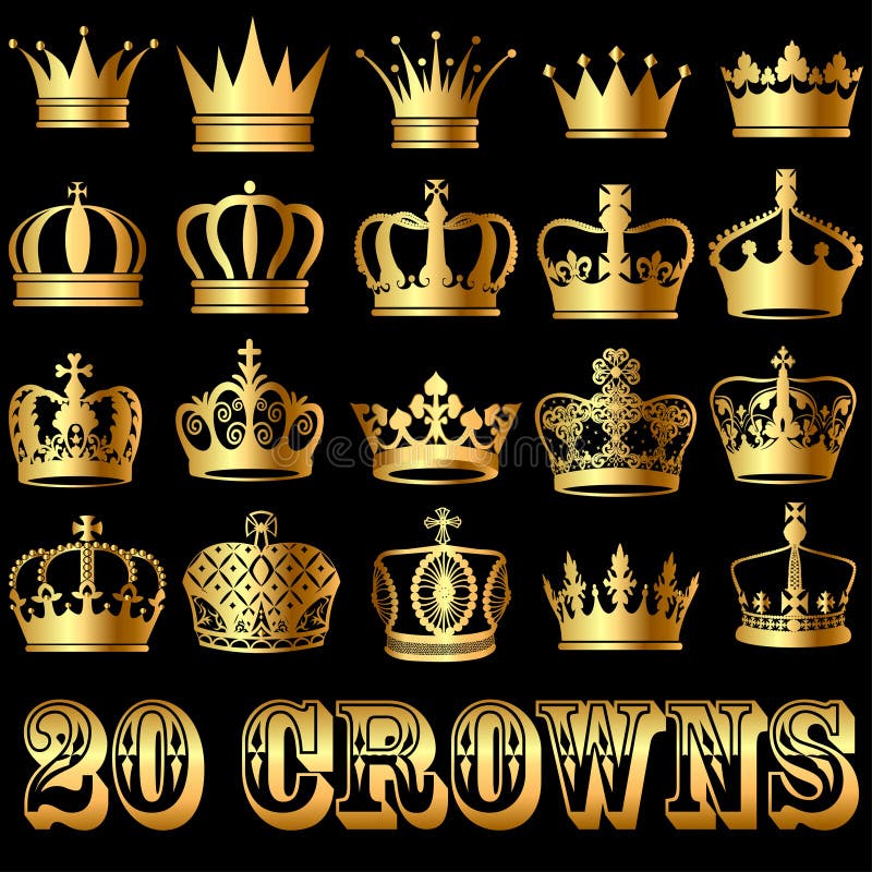 Set of Gold Crowns on a Black Background Stock Vector - Illustration of ...