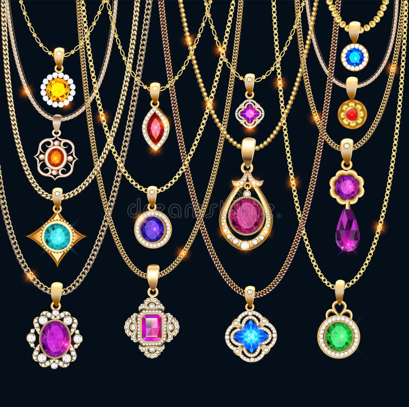 Set of Gold Jewelry Pendants with Precious Stones on Chains Stock ...