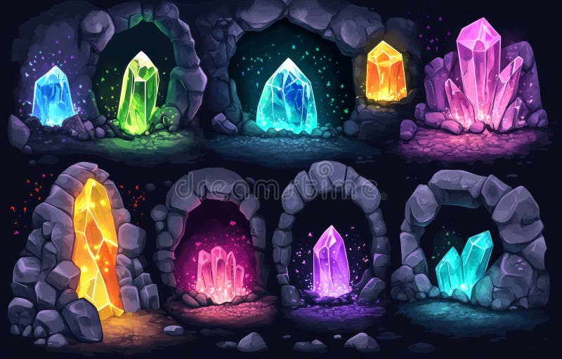 An illustration of a set of magic stone portals isolated on a dark background, with color light radiating from each royalty free stock photography