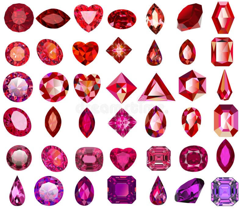 Set of Red Gems of Different Cuts and Shapes Stock Vector