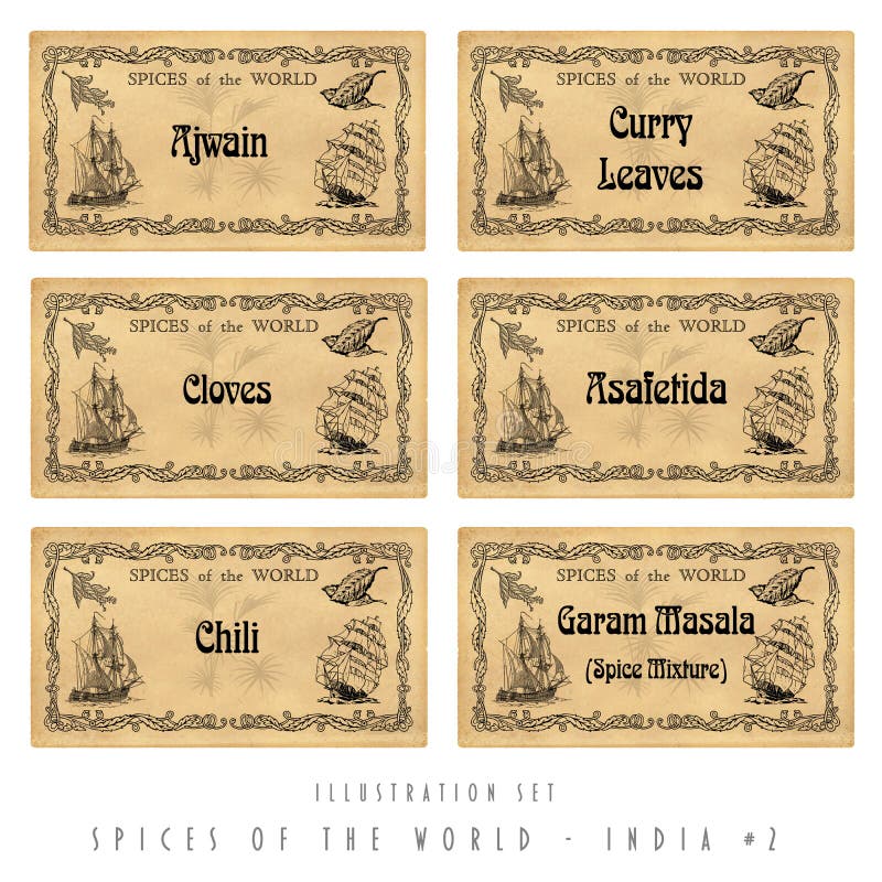 Illustration set spice labels, India 2