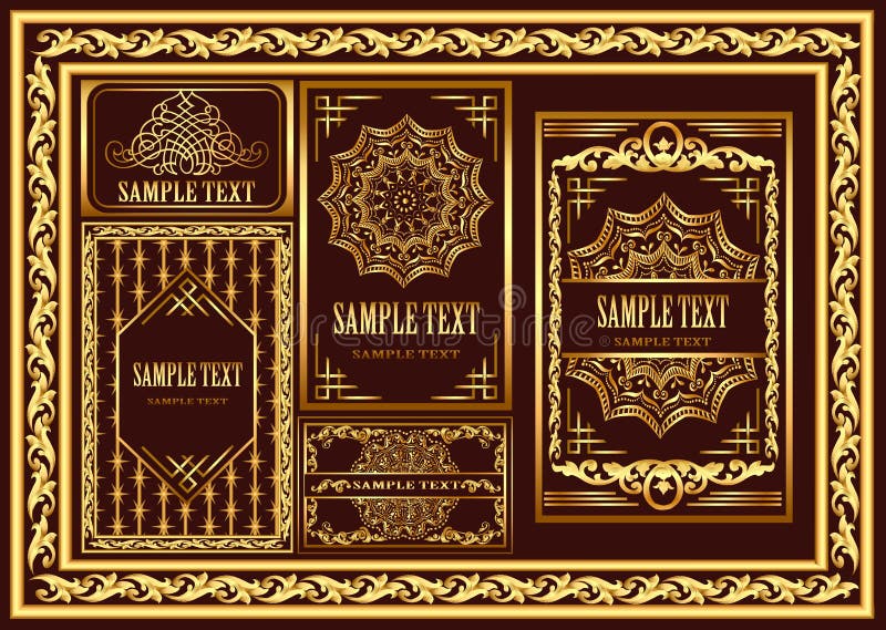 Set of Vintage Cards and Frames with Gold Pattern Stock Vector