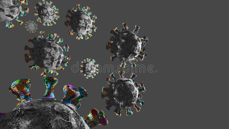 Illustration showing coronavirus moving in air with one sided light in grey background stock illustration