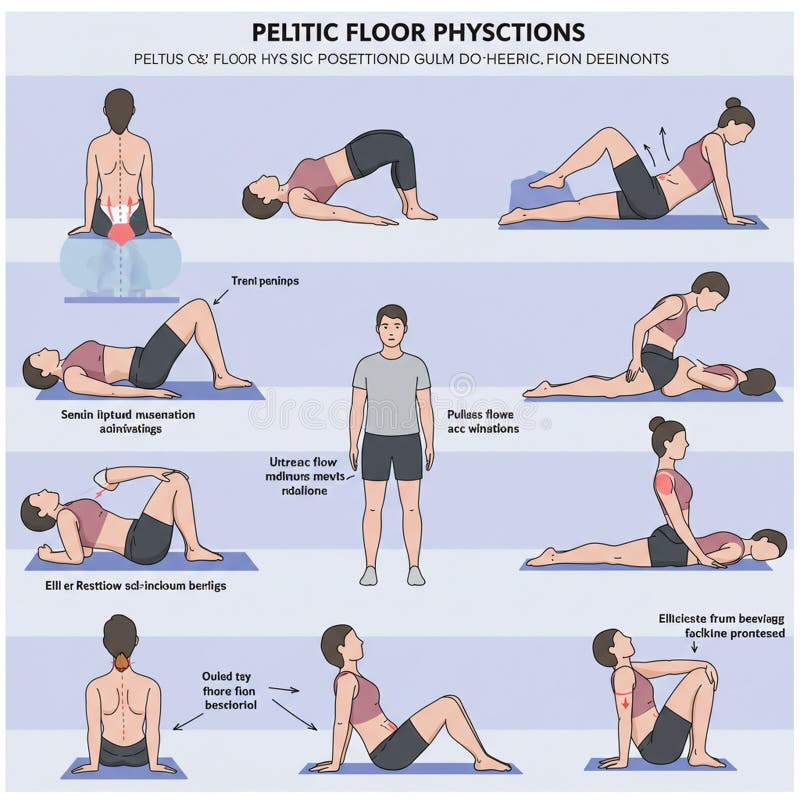 Illustration showing various pelvic floor exercises. Nine different poses demonstrated royalty free illustration