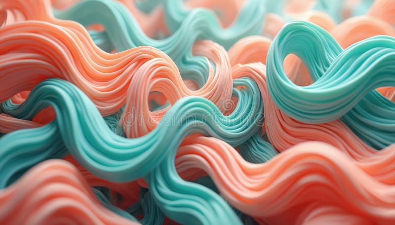 Illustration shows abstract 3D background. Intertwined wavy pink, cyan lines. Smooth flowing stripes create elegant, playful stock illustration