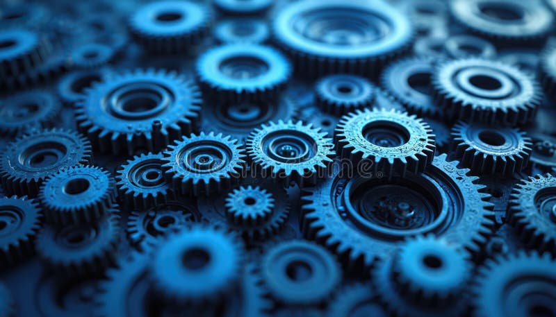 Illustration shows blue cogs, gears, complex machinery, industry. Metal, engineering, technology, teamwork process, workflow royalty free illustration