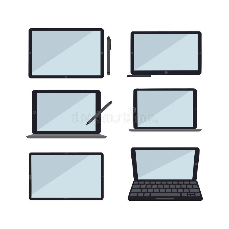 Digital tablet devices with stylus and keyboard accessories in various orientations vector illustration royalty free illustration