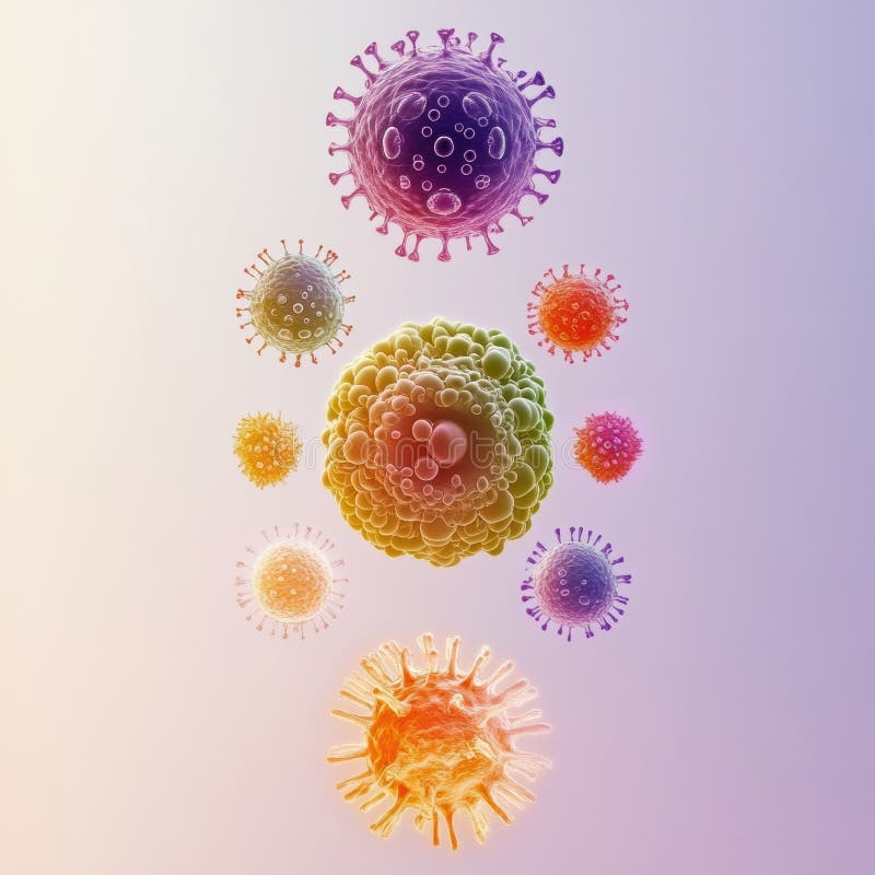 Progression of virus forms from simple to complex depicting various characteristics and structures in a gradient layout stock image