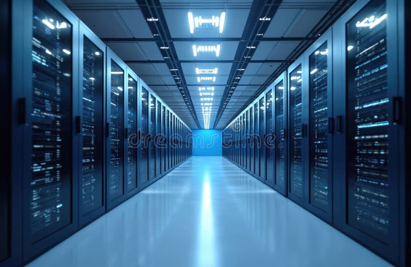 Illustration of simple data center server room. Blue cool light. Futuristic organized interconnected network. Cyberspace vector illustration