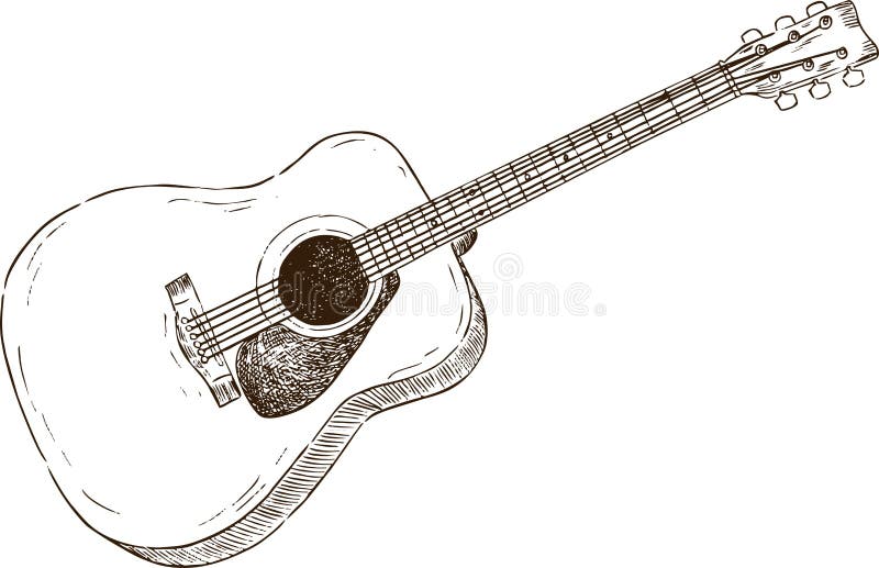 Illustration Sketch Acoustic Guitar in Black and White Style Stock