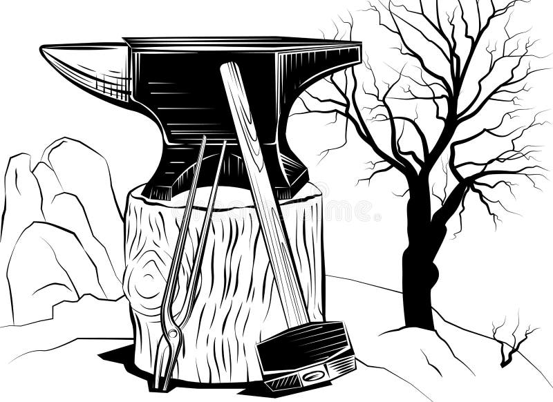 Vector illustration with a sledge hammer and an anvil on a tree stump on a background of dead tree. Old tree stump sketch vectors