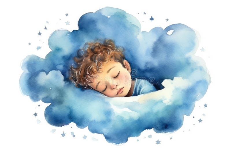 Illustration of a small child sleeping on a cloud. AI generated