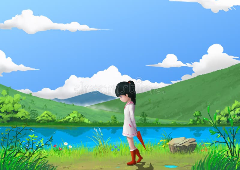 Illustration: Spring: The Little Girl by the Beautiful Mountain's River Side with Green Grass and Little Flowers. vector illustration Illustration: Spring: The Little Girl by the Beautiful Mountain's River Side with Green Grass and Little Flowers. vector illustration