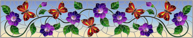 Stained glass illustration with abstract curly purple flower and an red butterfly on blue background , horizontal image