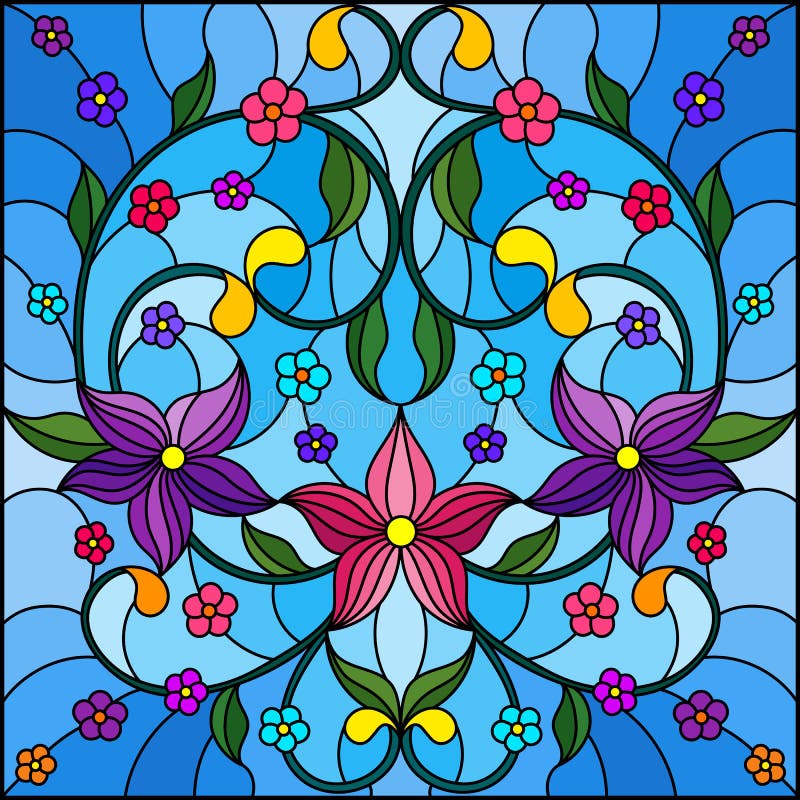 Stained Glass Illustration with Abstract Floral Ornaments, Flowers ...