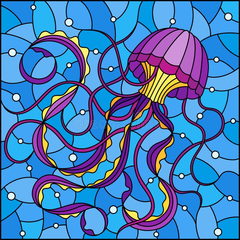 Stained glass illustration with  abstract purple  jellyfish against a blue sea and bubbles, square image