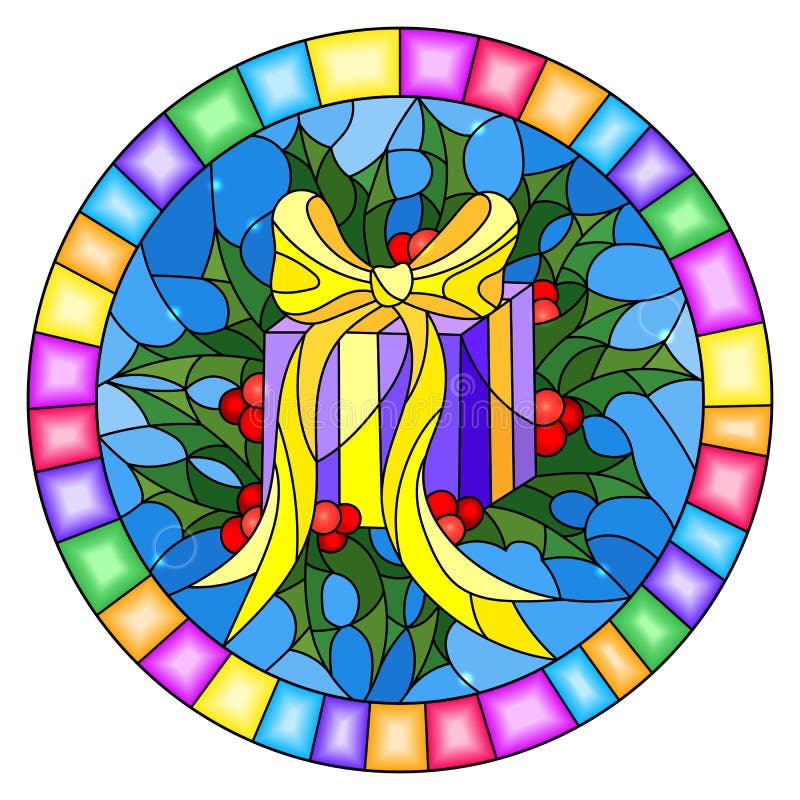 Stained glass illustration with a box with a gift, ribbon and Holly branches on a blue background, round picture frame