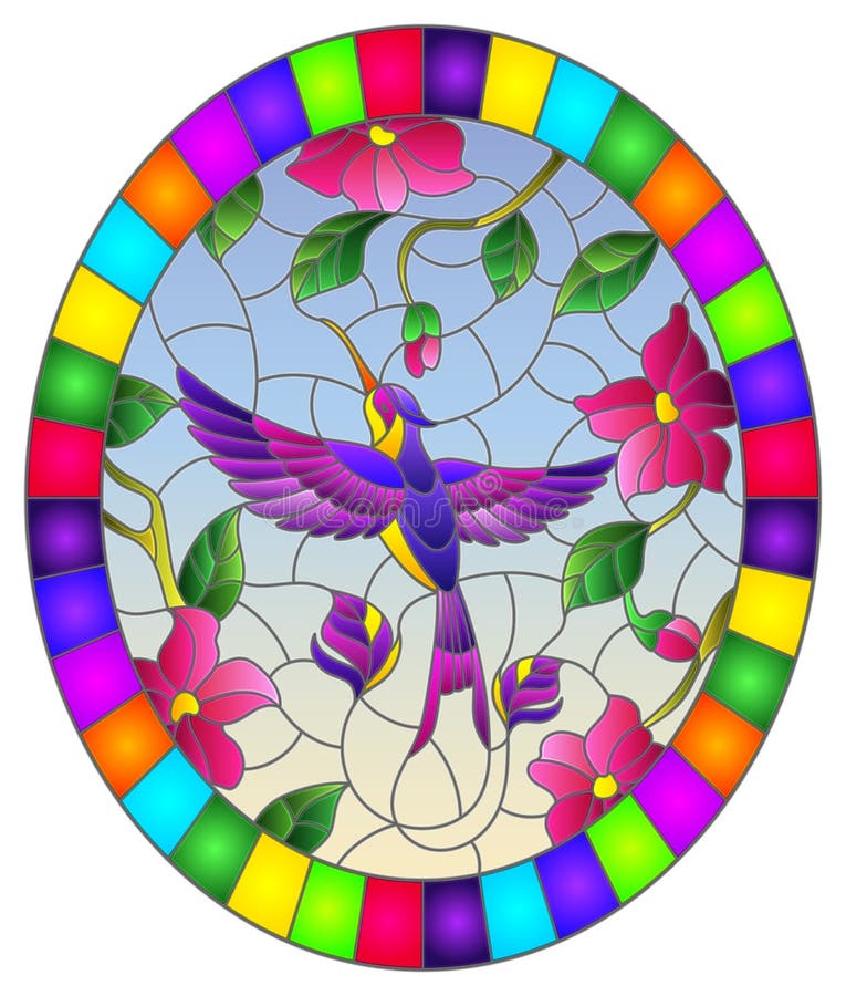 Stained glass illustration with a branch of pink flowers and bright purple bird Hummingbird on a blue background, round image in b
