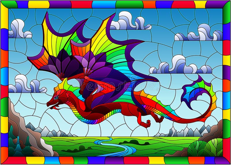 Stained glass illustration with  bright dragon on landscape and blue sky background in bright frame