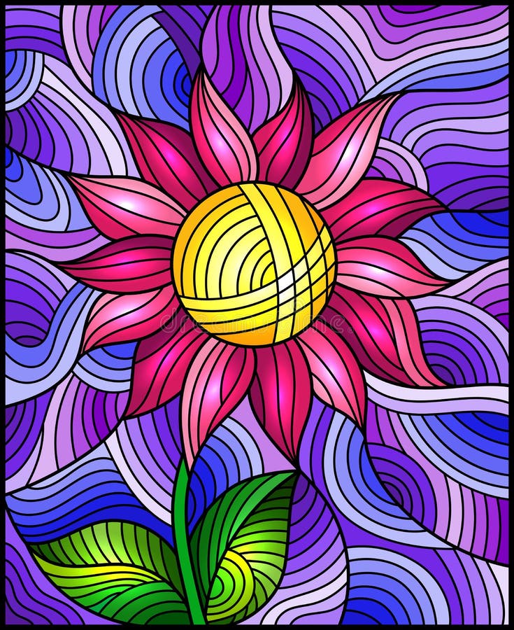 Stained glass illustration with  bright pink abstract flower on a purple wavy background