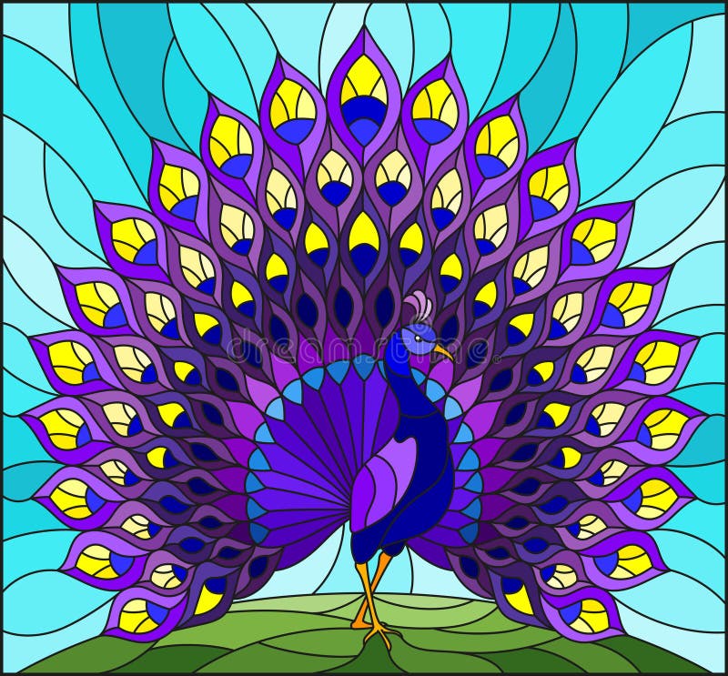 Stained glass illustration with colorful peacock on blue sky , background