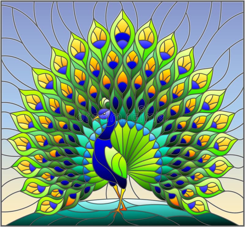 Stained glass illustration with colorful peacock on blue sky , background