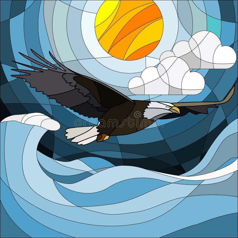 Illustration in stained glass style eagle on the background of sky, sun , clouds and water.